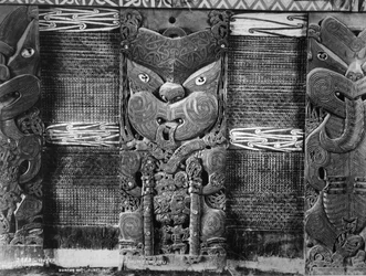 Maori Carvings and Tukutuku Panels at Tamatekapua Meeting House in Ohinemutu, c.1880s